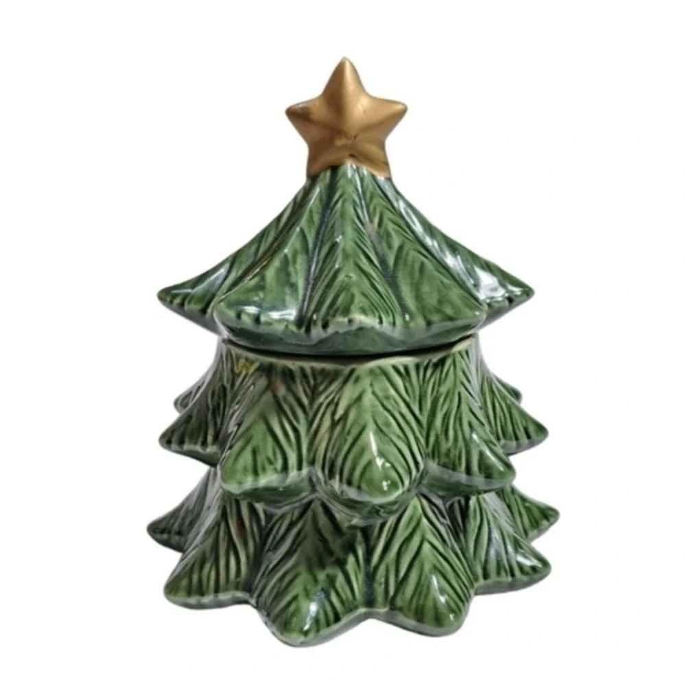 Vintage Ceramic Christmas Tree 4pc Set Green Leaf Pattern Napkin Holder Salt